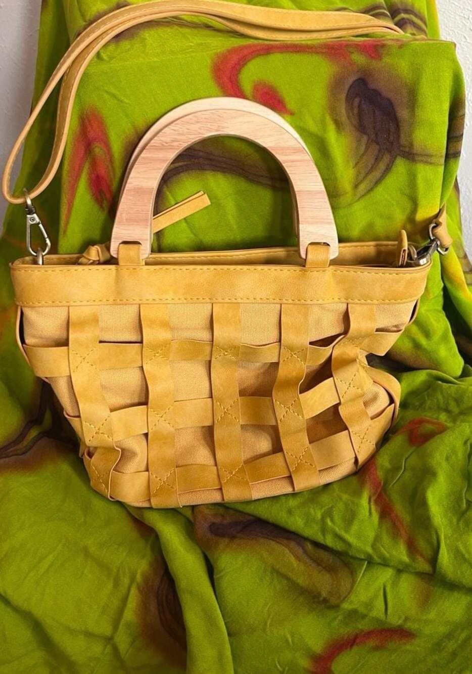 Yellow Crossbody Bag – Caged Wood Handle Boho Statement Purse